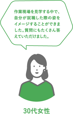 30代女性 作業現場を見学する中で、自分が就職した際の姿をイメージすることができました。質問にもたくさん答えていただけました。