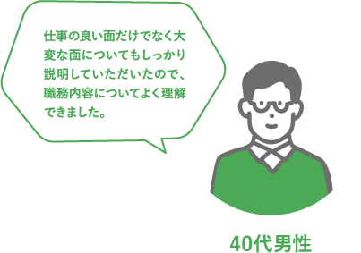 40代男性 仕事の良い面だけでなく大変な面についてもしっかり説明していただいたので、職務内容についてよく理解できました。